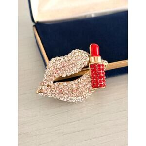 Large Glam Lip Lipstick Rhinestone Brooch